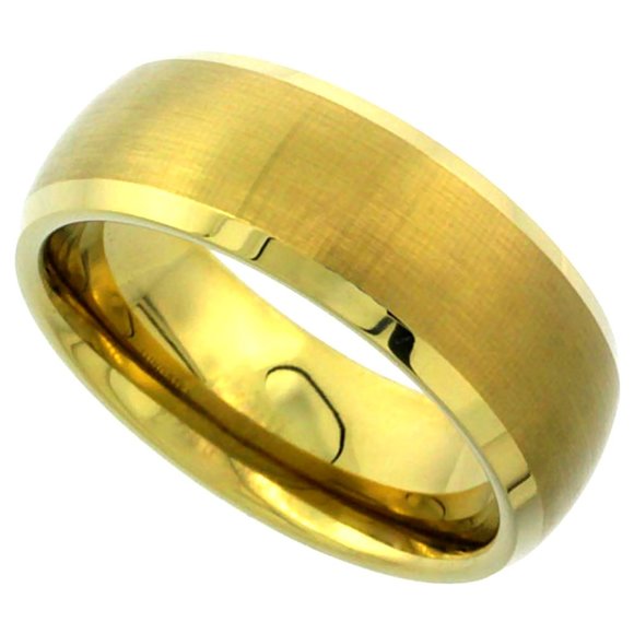 8mm Gold Tungsten Wedding Band Dome Brushed Finish Beveled Edge Comfort fit - Picture 1 of 1